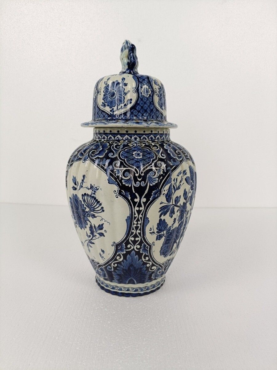 Large Royal Sphinx Maastricht Delft Vase Urn Marked Blue White Foo Dog  Beauti photo for sale