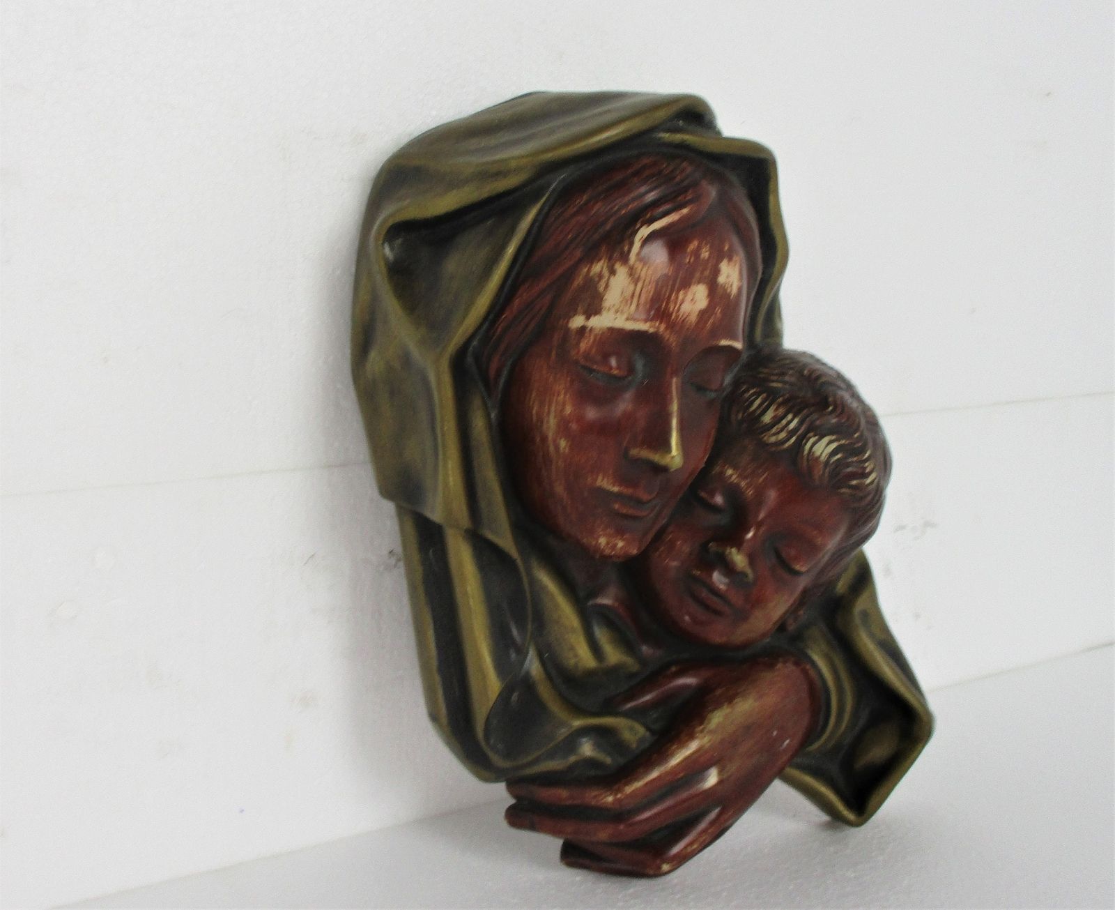 Wall Plaque Virgin Mary Madonna Holy Mother Infant Jesus Polychrome Terra Cotta photo for sale