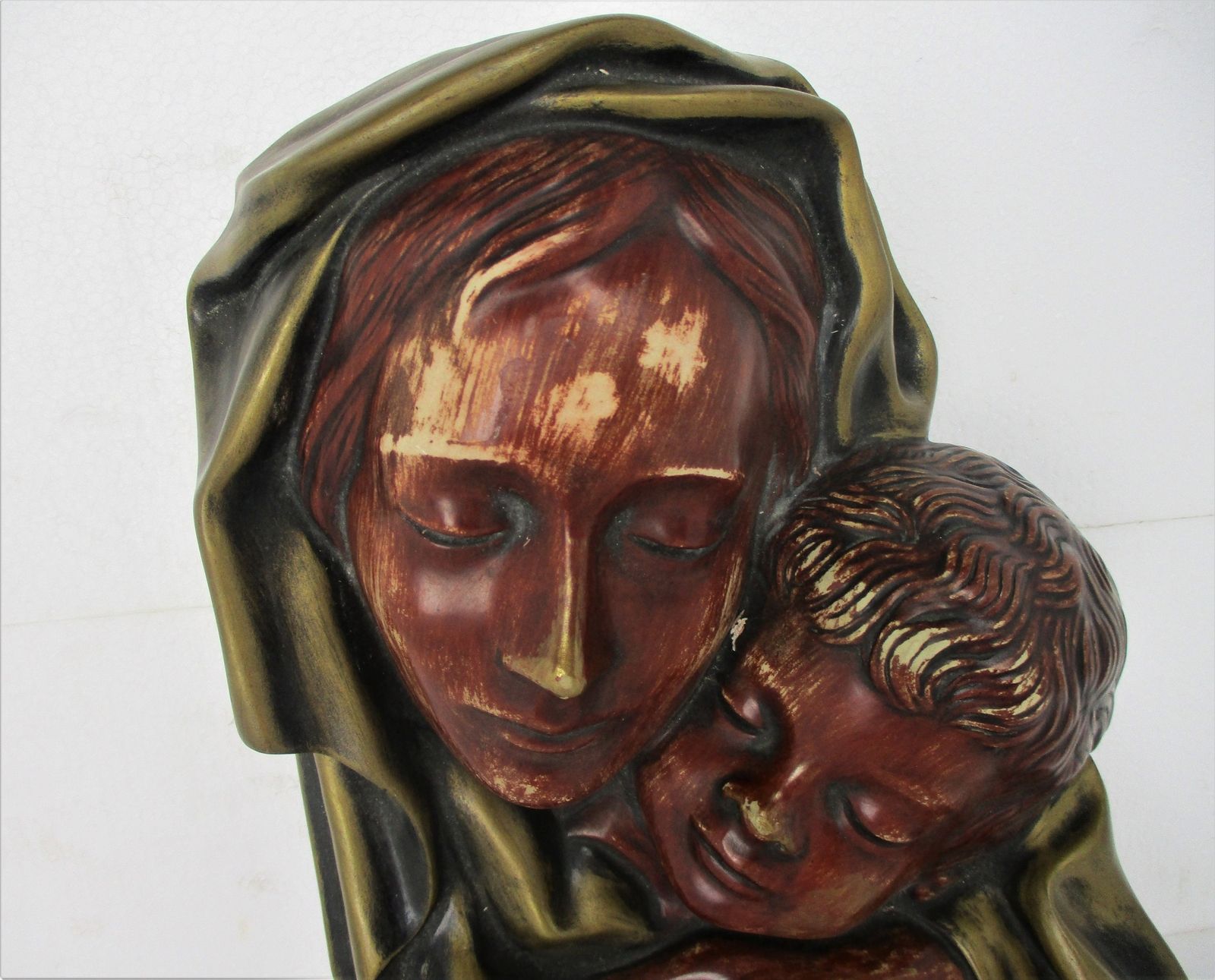 Wall Plaque Virgin Mary Madonna Holy Mother Infant Jesus Polychrome Terra Cotta photo 57.0
