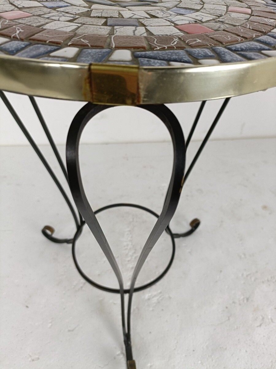 Side Round Table Plant Stand Ceramic Tiles  Mosaic Wrought Iron Legs Lovely Vint photo 155.0
