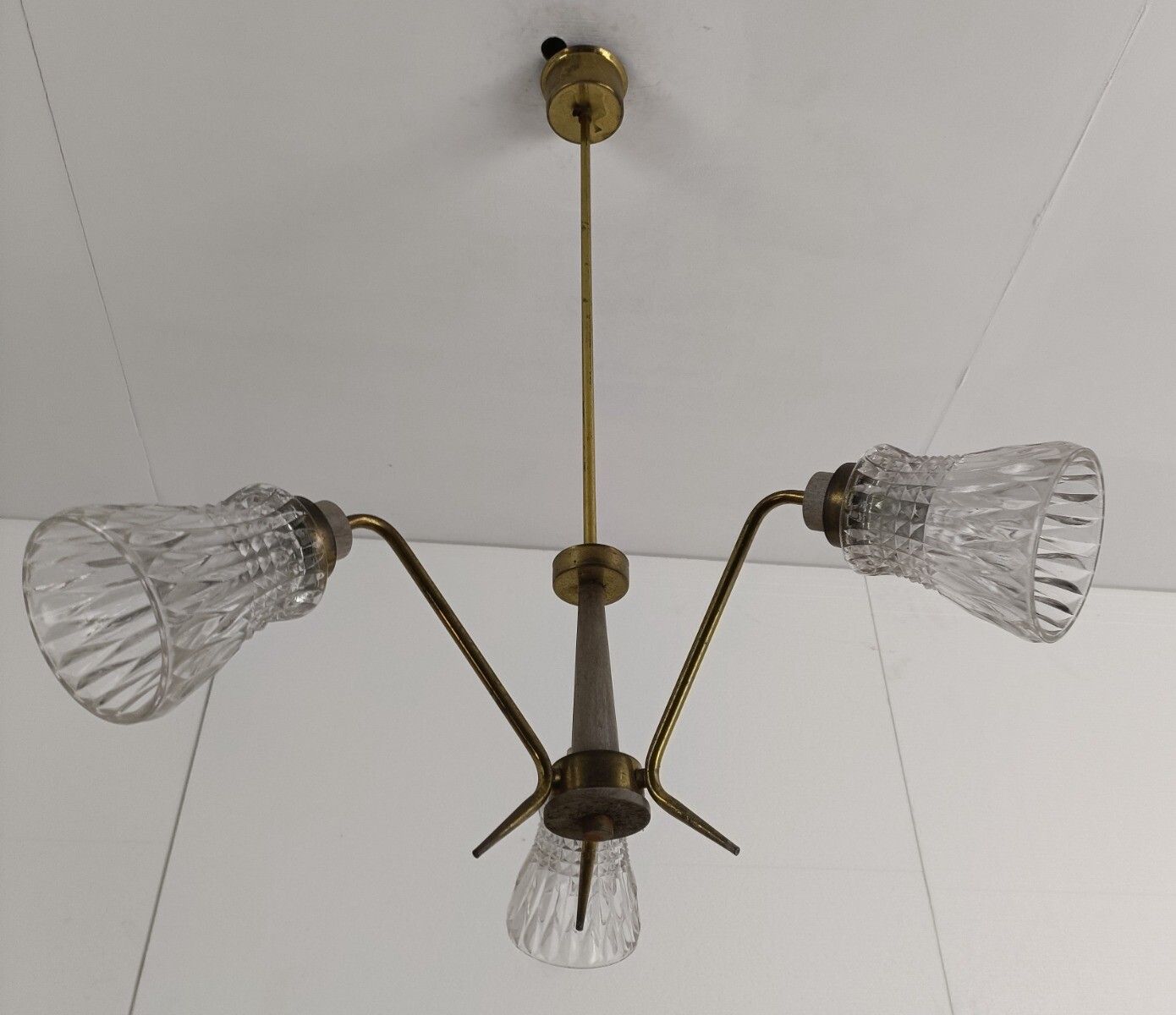 Vintage Chandelier 3 Arm 3 Lights  Glass Shades Teak Brass Pop Art Style Funky photo for sale