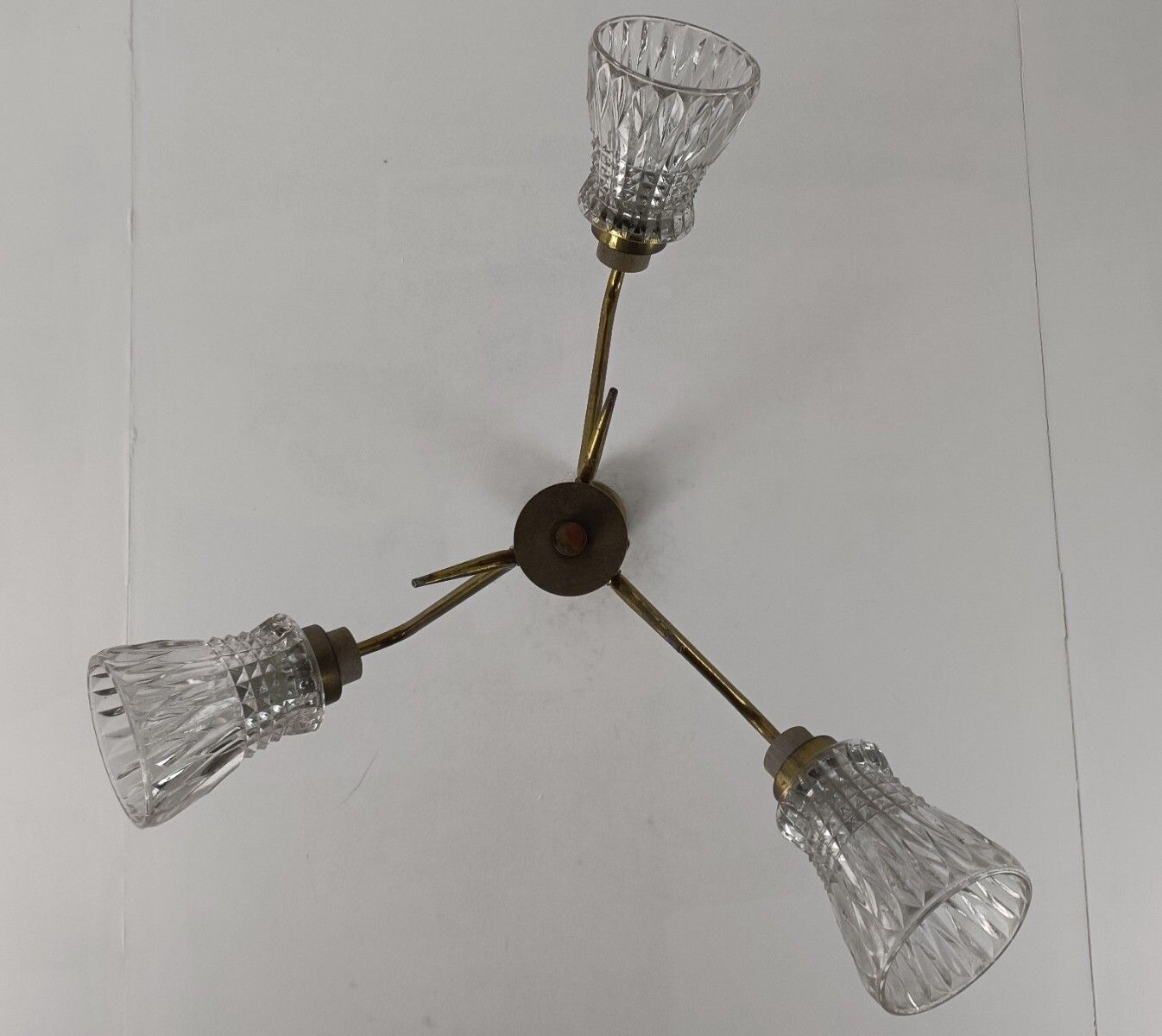 photo for sale Vintage Chandelier 3 Arm 3 Lights  Glass Shades Teak Brass Pop Art Style Funky