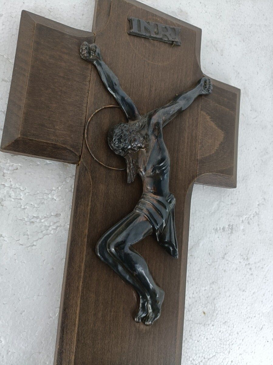 Hanging Crucifix Cross Carved Wood  Modernist Faux Brass Corpus Christi Christia photo for sale