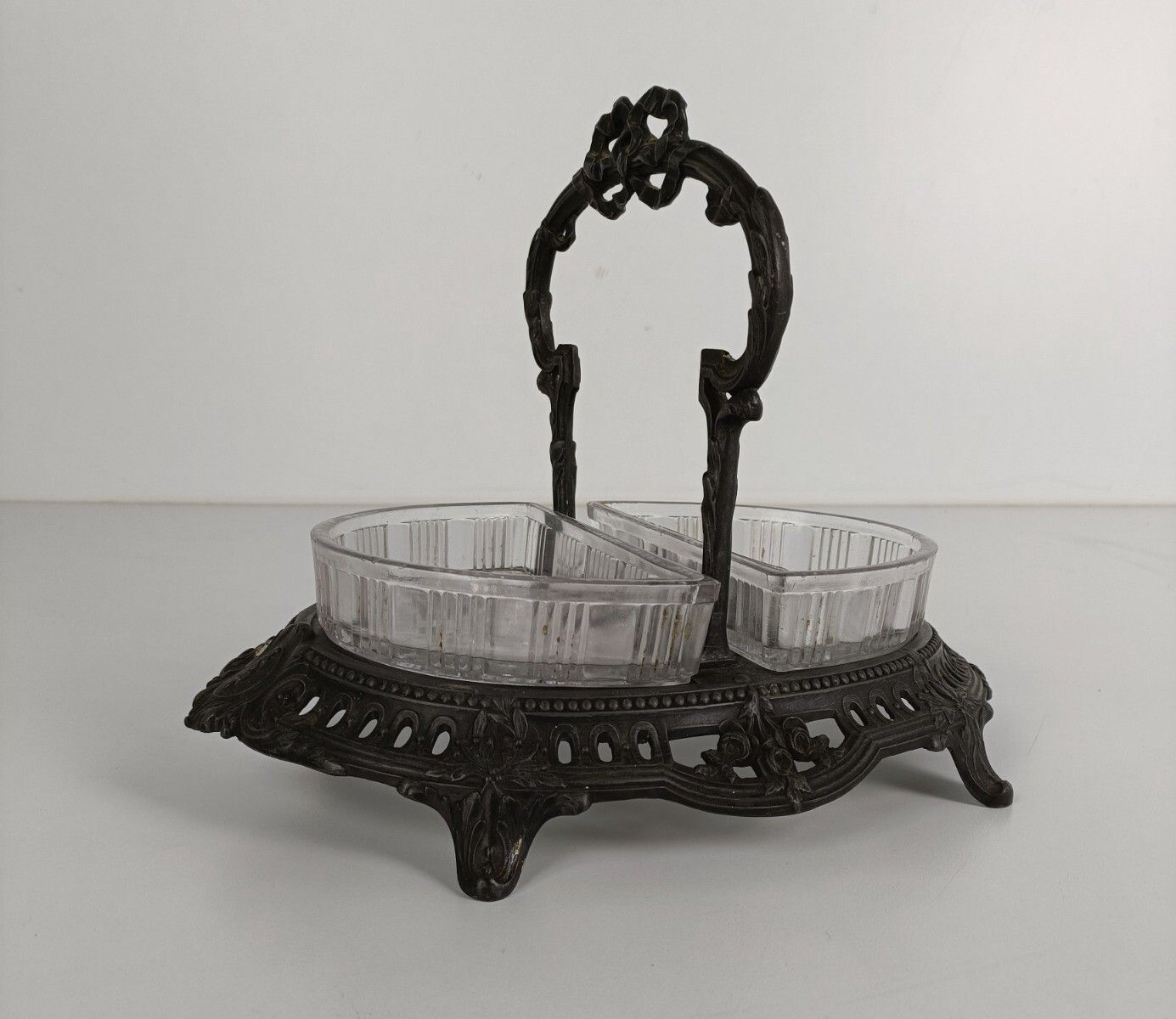 Art Nouveau Candy Dish Centerpiece Piece De Table Orfevrerie Marked Metal Glass photo for sale