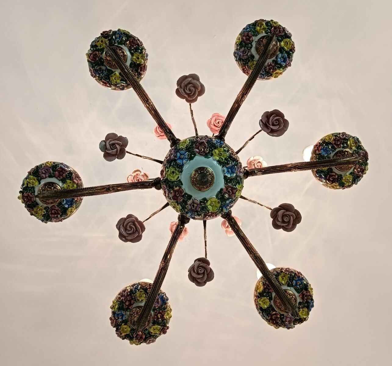 Italian Chandelier Porcelain Lots Of 3d Flowers Romantic Gorgeous Vintage 6 Llig photo for sale