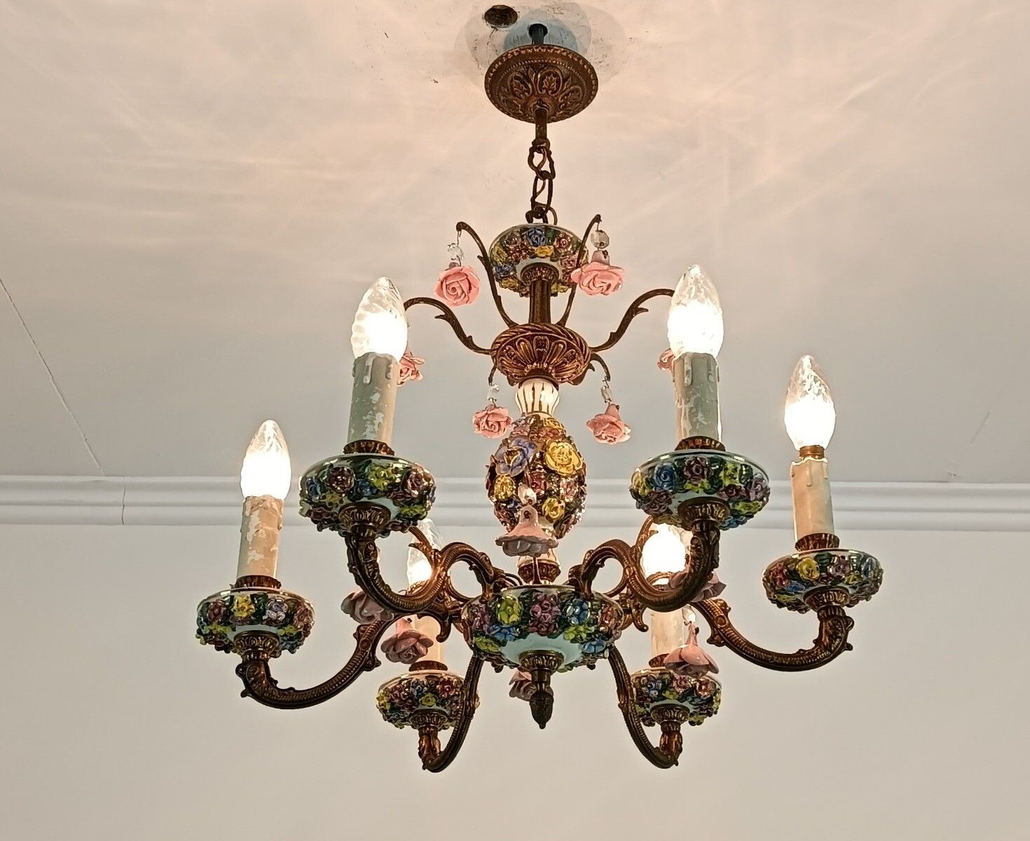 Italian Chandelier Porcelain Lots Of 3d Flowers Romantic Gorgeous Vintage 6 Llig photo vinterior