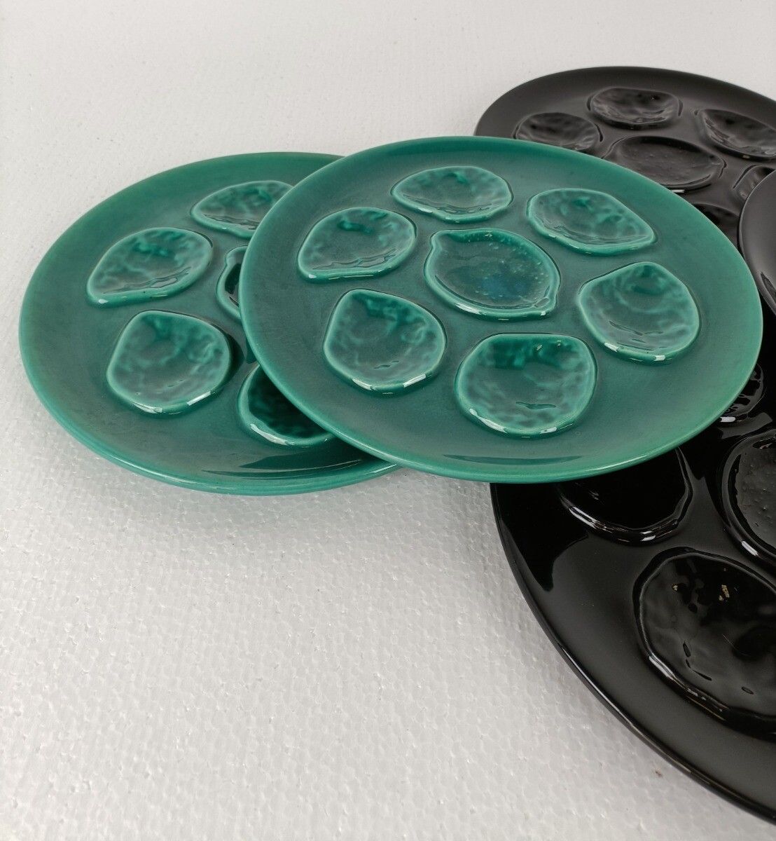 Set Of 6 French Oyster Plates Porcelain Pottery Faience Black And Green  Vintage photo furniture