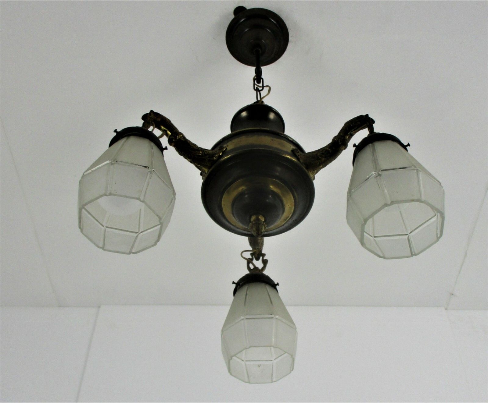 Gothic Brass Dragon Heads 3 Arms Lights Chandelier Lamp Art Deco Glass Shades photo for sale