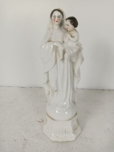 Antique 1900 Vieux Paris Porcelain Bisque Statue Virgin Mary Madonna With Infant photo for sale
