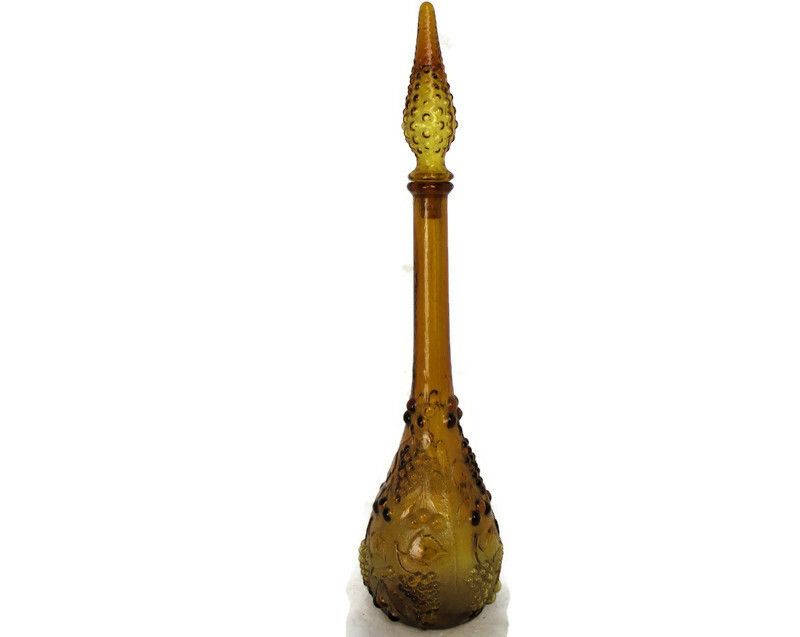 Vintage Art Bubbled Glass Brown Amber Empoli  Bottle Italian Grapes 20.86"