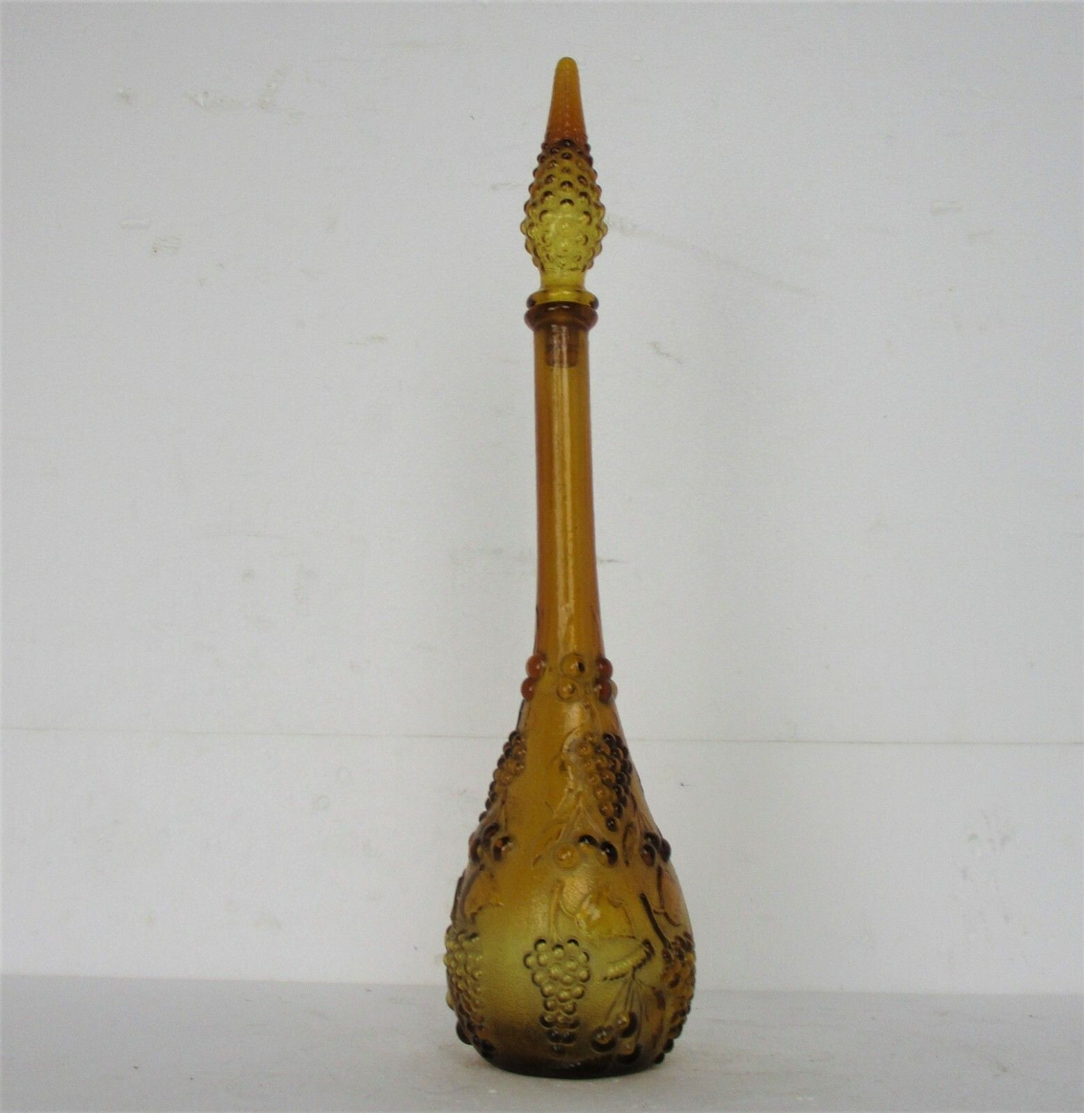 Vintage Art Bubbled Glass Brown Amber Empoli  Bottle Italian Grapes 20.86" photo for sale