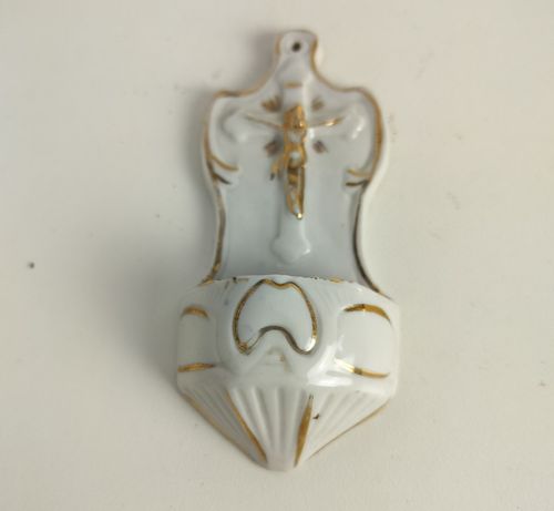 Small Antique Holy Water Font Vessel Bisque White Gold Touches Crucifixion Wall