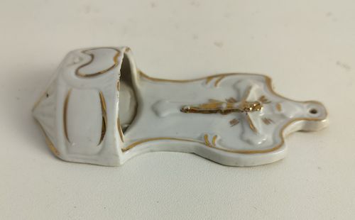 Small Antique Holy Water Font Vessel Bisque White Gold Touches Crucifixion Wall photo Art