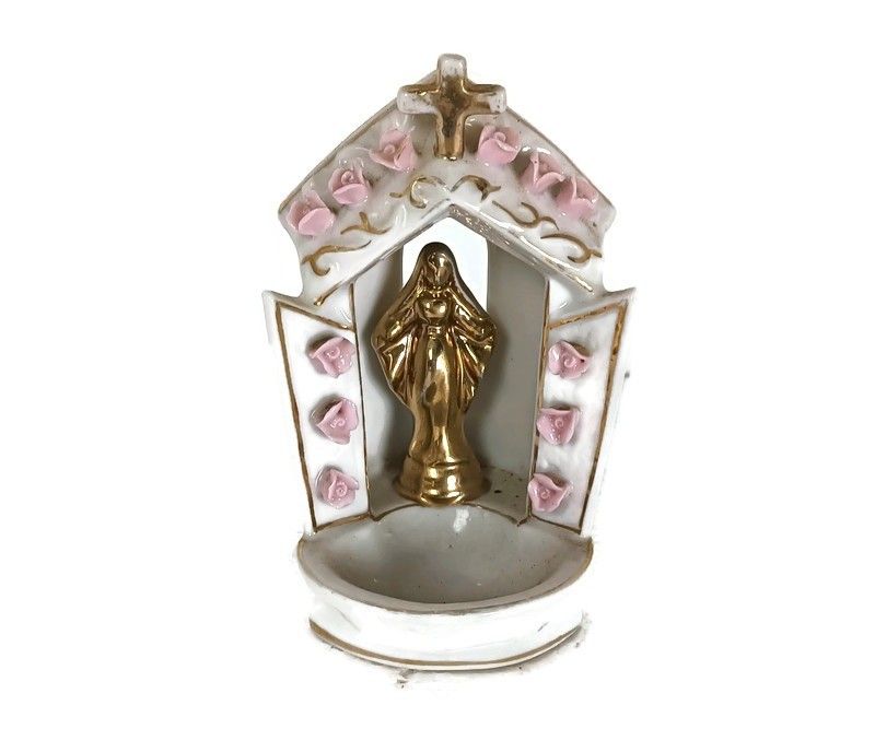 Beautiful Antique Standing Porcelain Holy Water Font Porcelain Madonna Pink Flow