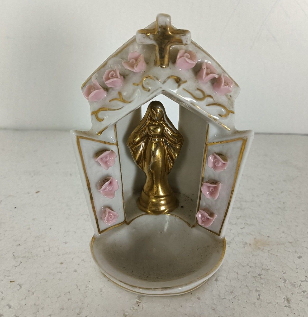 Beautiful Antique Standing Porcelain Holy Water Font Porcelain Madonna Pink Flow photo Art
