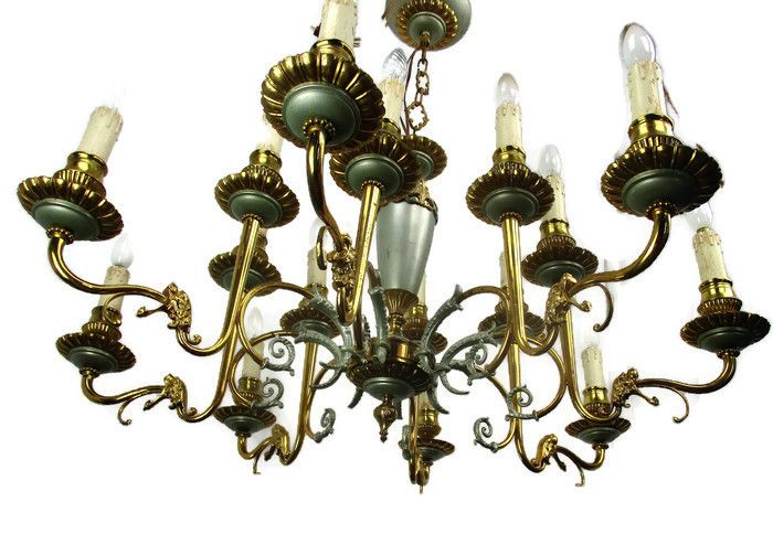 French Empire Chandelier Green Pale Tole Bronze Brass 16 Lights!! Roaring Lions