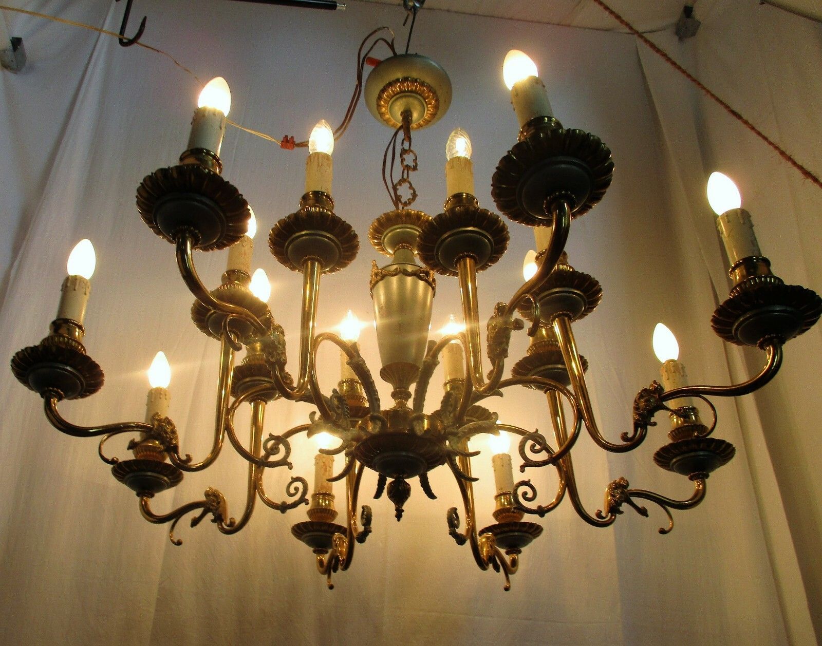 French Empire Chandelier Green Pale Tole Bronze Brass 16 Lights!! Roaring Lions photo for sale