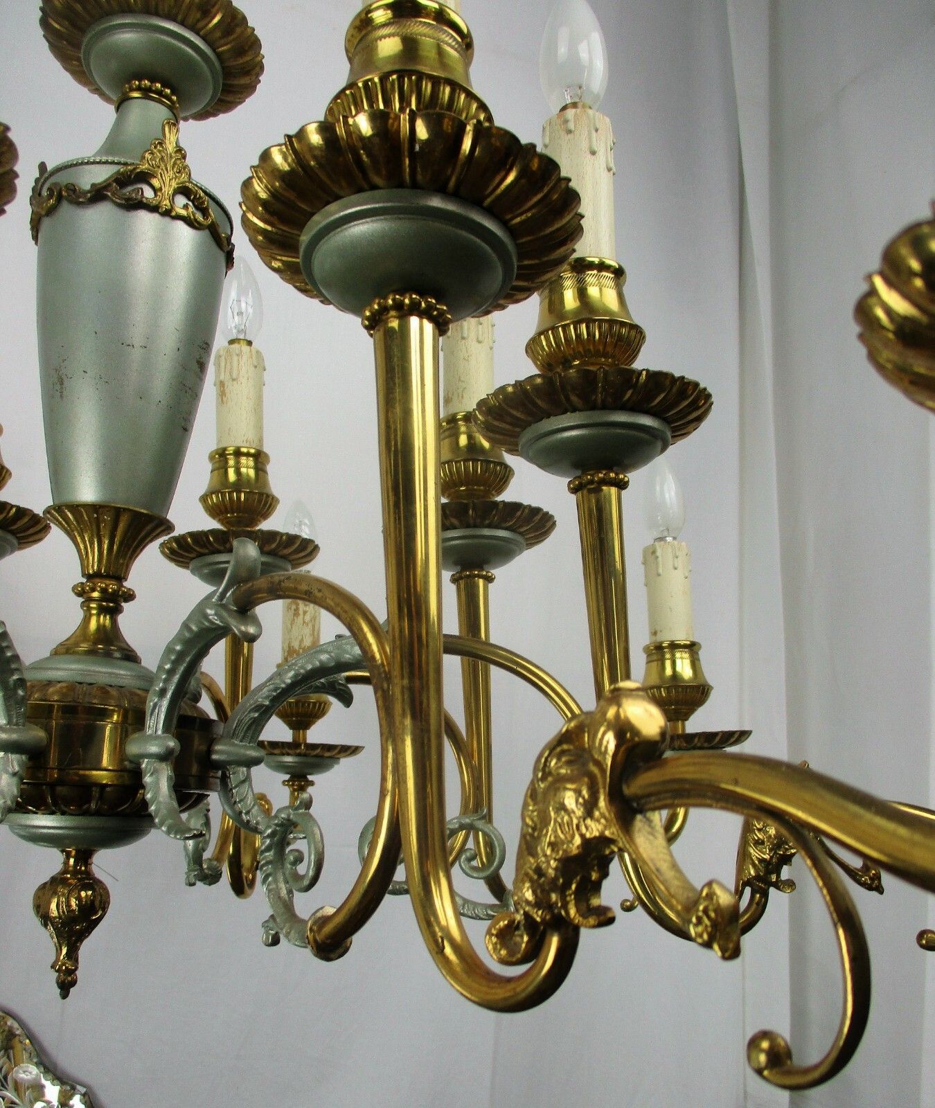 French Empire Chandelier Green Pale Tole Bronze Brass 16 Lights!! Roaring Lions photo buy