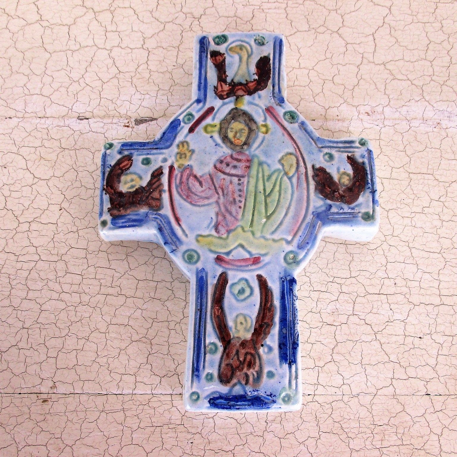 French Wall Hanging Crucifix Ceramic Mid Century Modernist  Evangelists Htf photo furniture