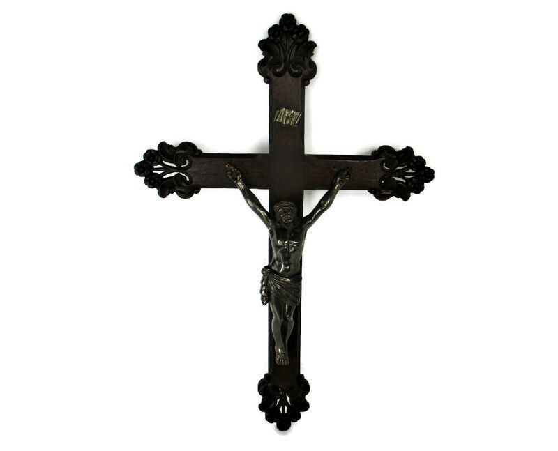 Xl Hand Carved Wood Hanging Ornate Church Chapel Crucifix Flowers Oak Stunning