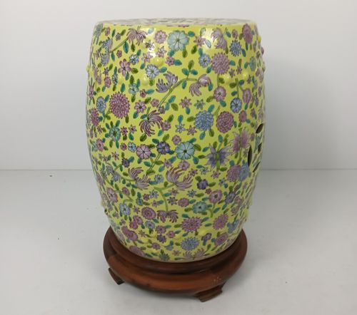 Chinese Family Rose Porcelain Yellow Vintage Garden Stool Seat On Wooden Base Go photo furniture