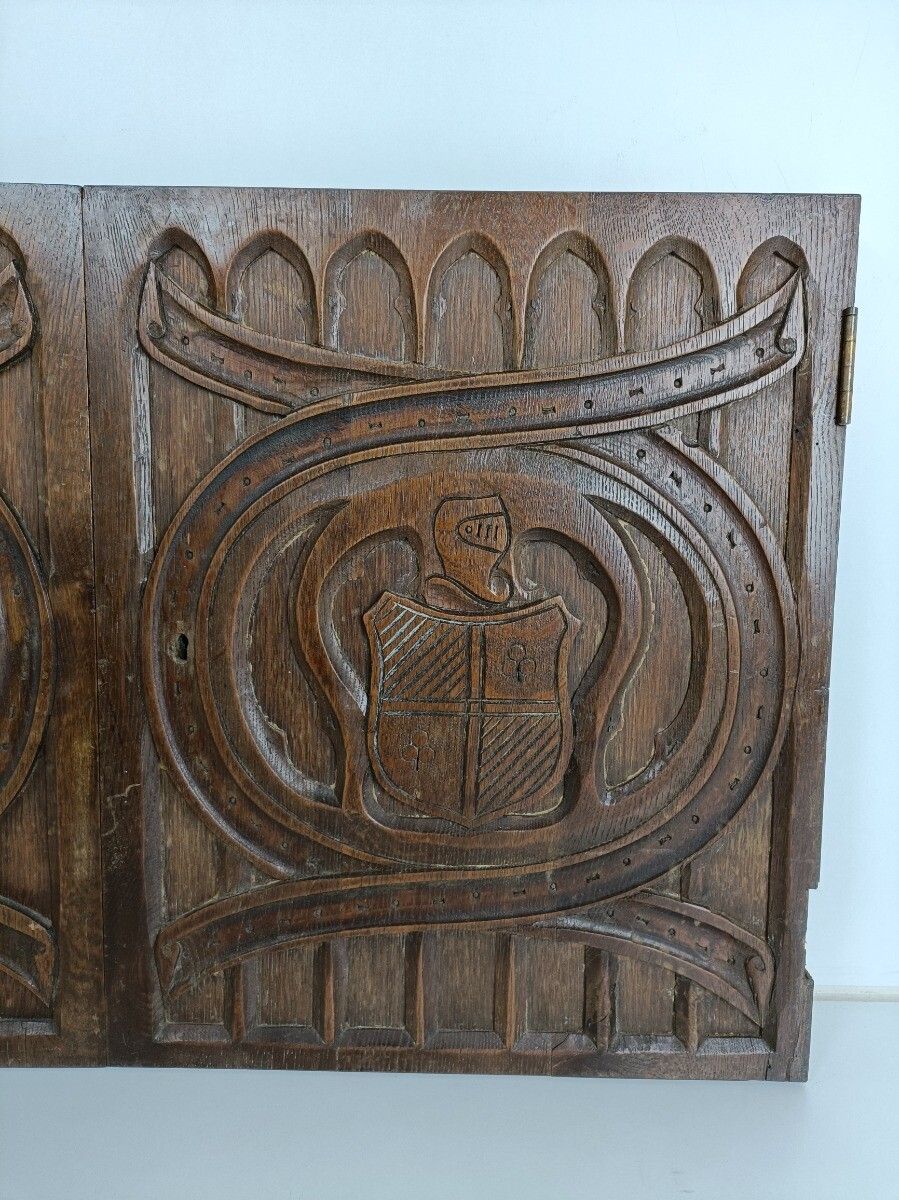 Couple  Panels Antique Hand Carved Wood Knights Shields Reclaimed Cabinet Doors photo vinterior