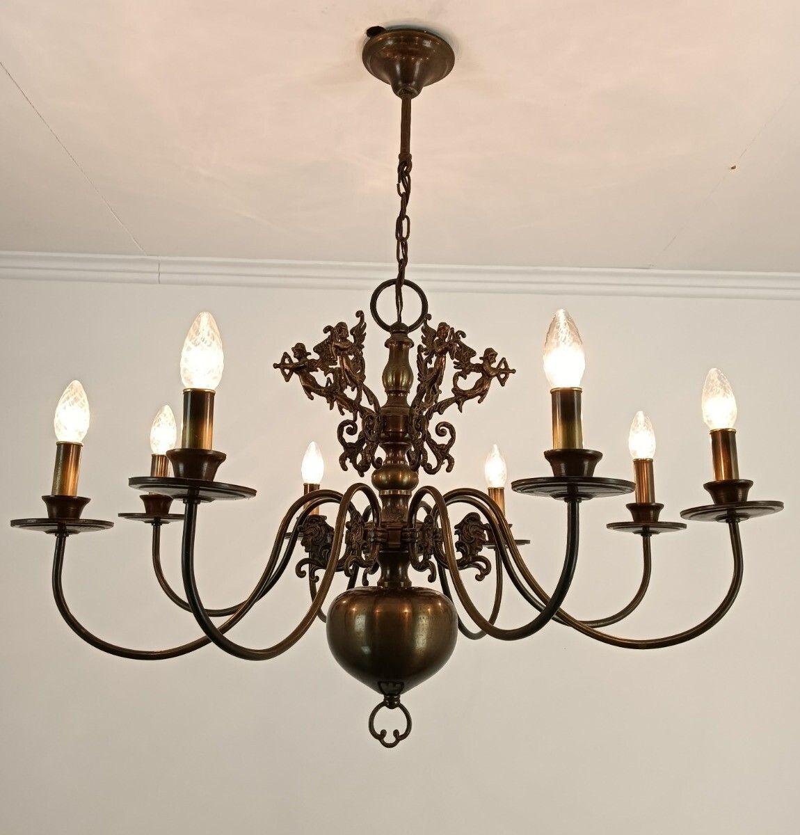 Exquisite Flemish Dutch Chandelier Brass Cupids Lovely 8 Lights Arm Farmhouse St photo Lighting
