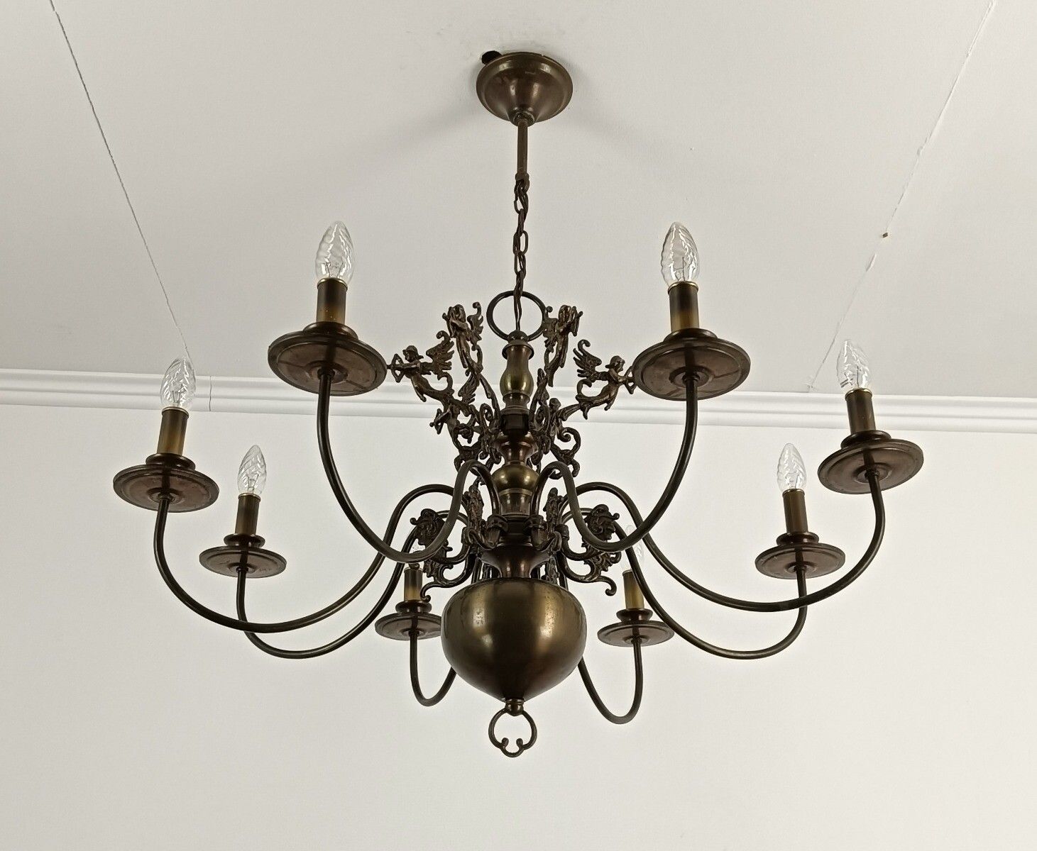 647.0 Exquisite Flemish Dutch Chandelier Brass Cupids Lovely 8 Lights Arm Farmhouse St photo