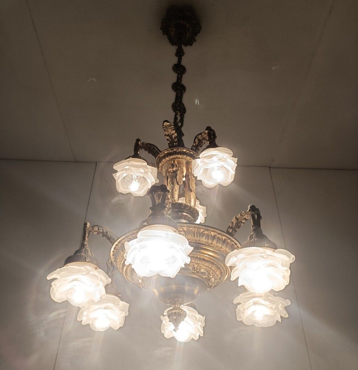 Gorgeous Chandelier 9 Lights Brass Angels Putti Art Glass Flower Shades Wow photo for sale