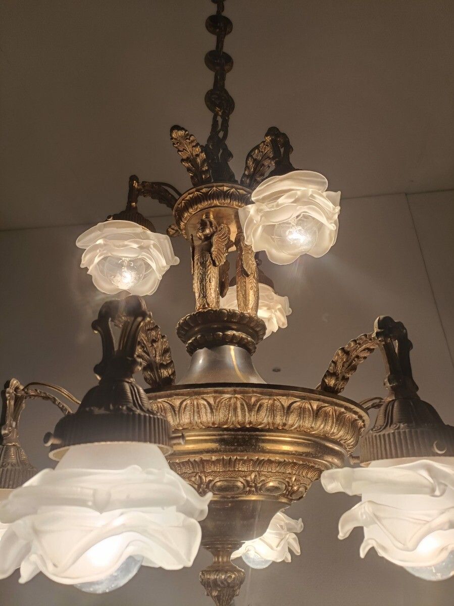 Gorgeous Chandelier 9 Lights Brass Angels Putti Art Glass Flower Shades Wow photo 1334.0