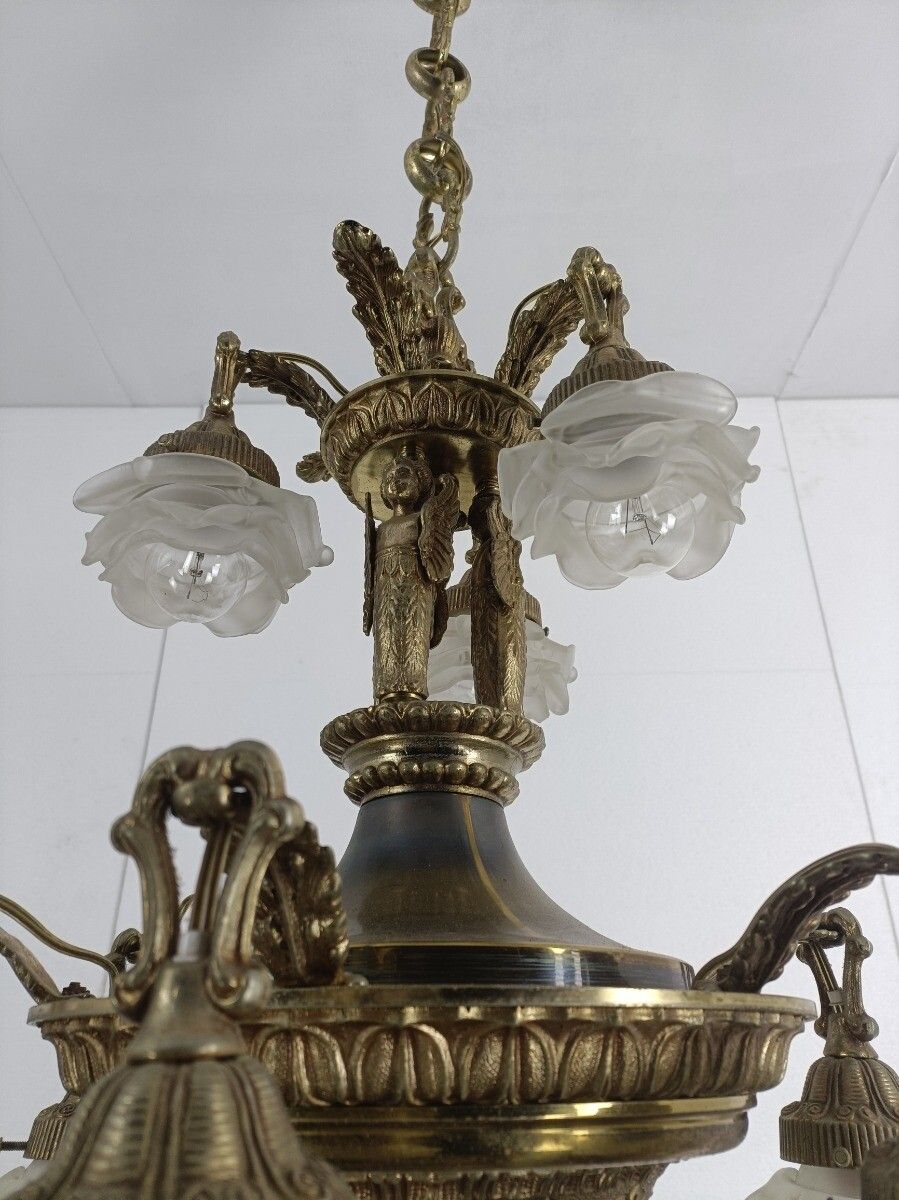 Gorgeous Chandelier 9 Lights Brass Angels Putti Art Glass Flower Shades Wow photo vintage