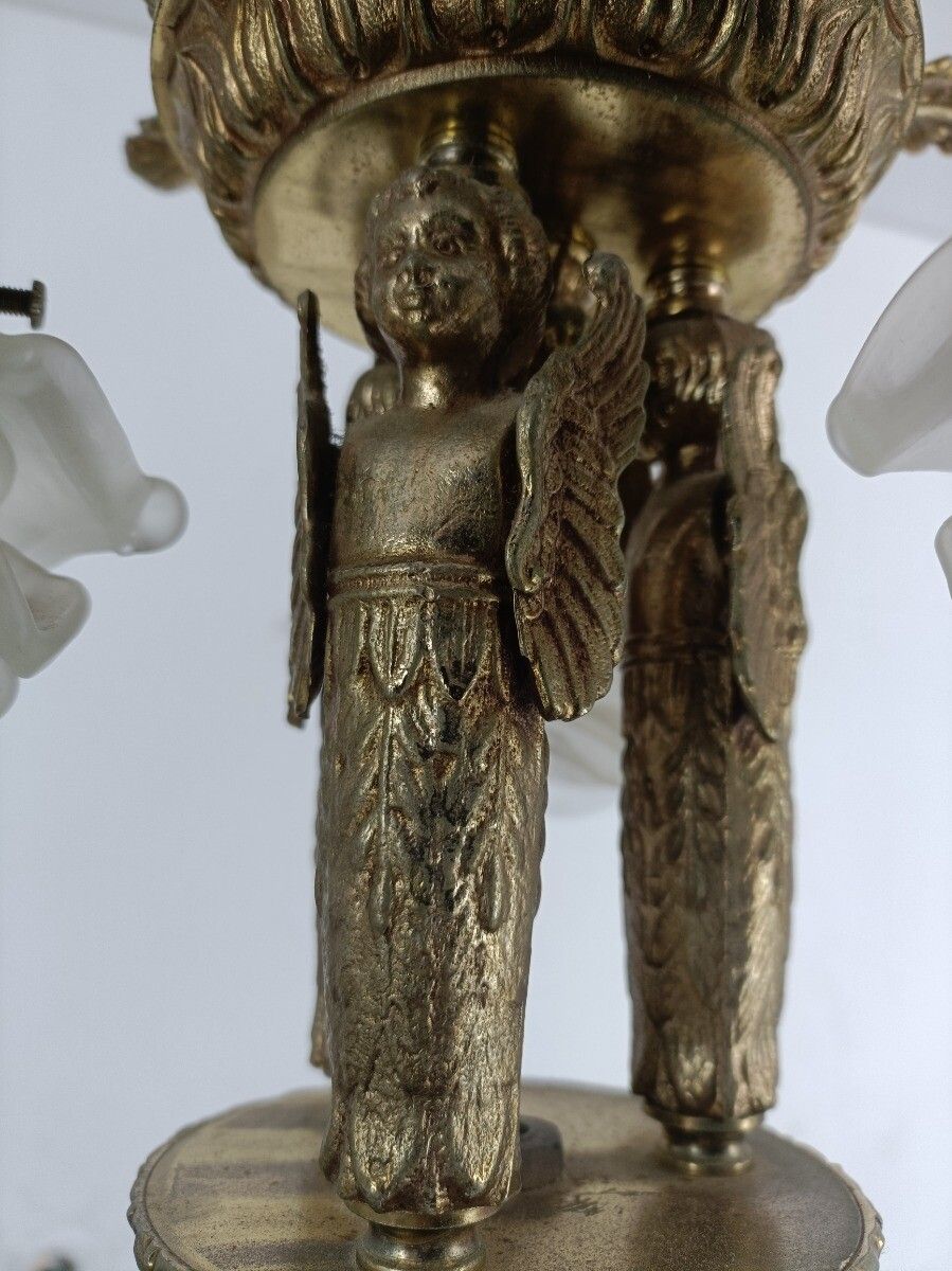 photo furniture Gorgeous Chandelier 9 Lights Brass Angels Putti Art Glass Flower Shades Wow