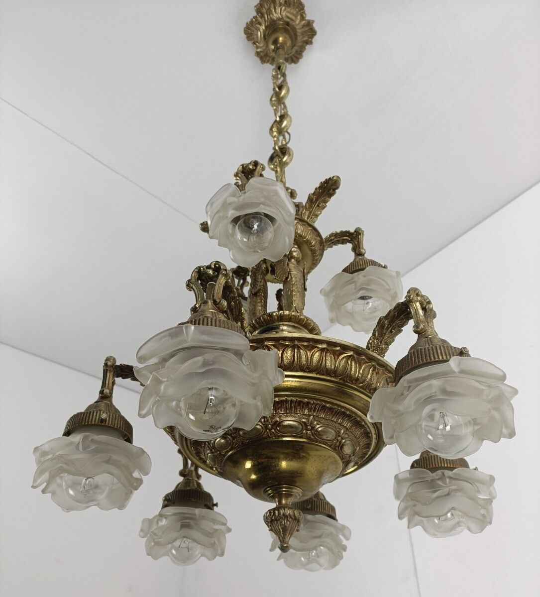 Lighting Gorgeous Chandelier 9 Lights Brass Angels Putti Art Glass Flower Shades Wow photo