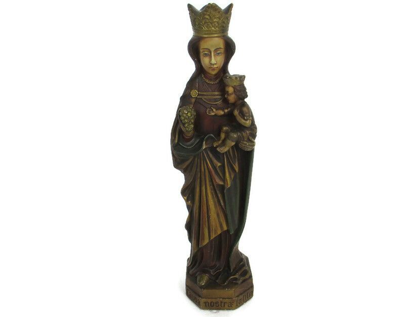 Statue Our Lady Of Tongeren Black Madonna Infant Jesus Grapes Collector 17.12"
