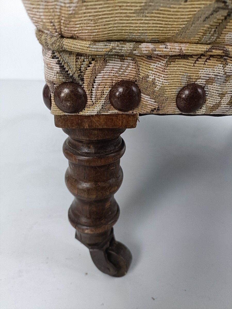 Large Antique Footstool Wood On Wheels Fabric Footrest Pouf Ottoman Hobnails photo furniture