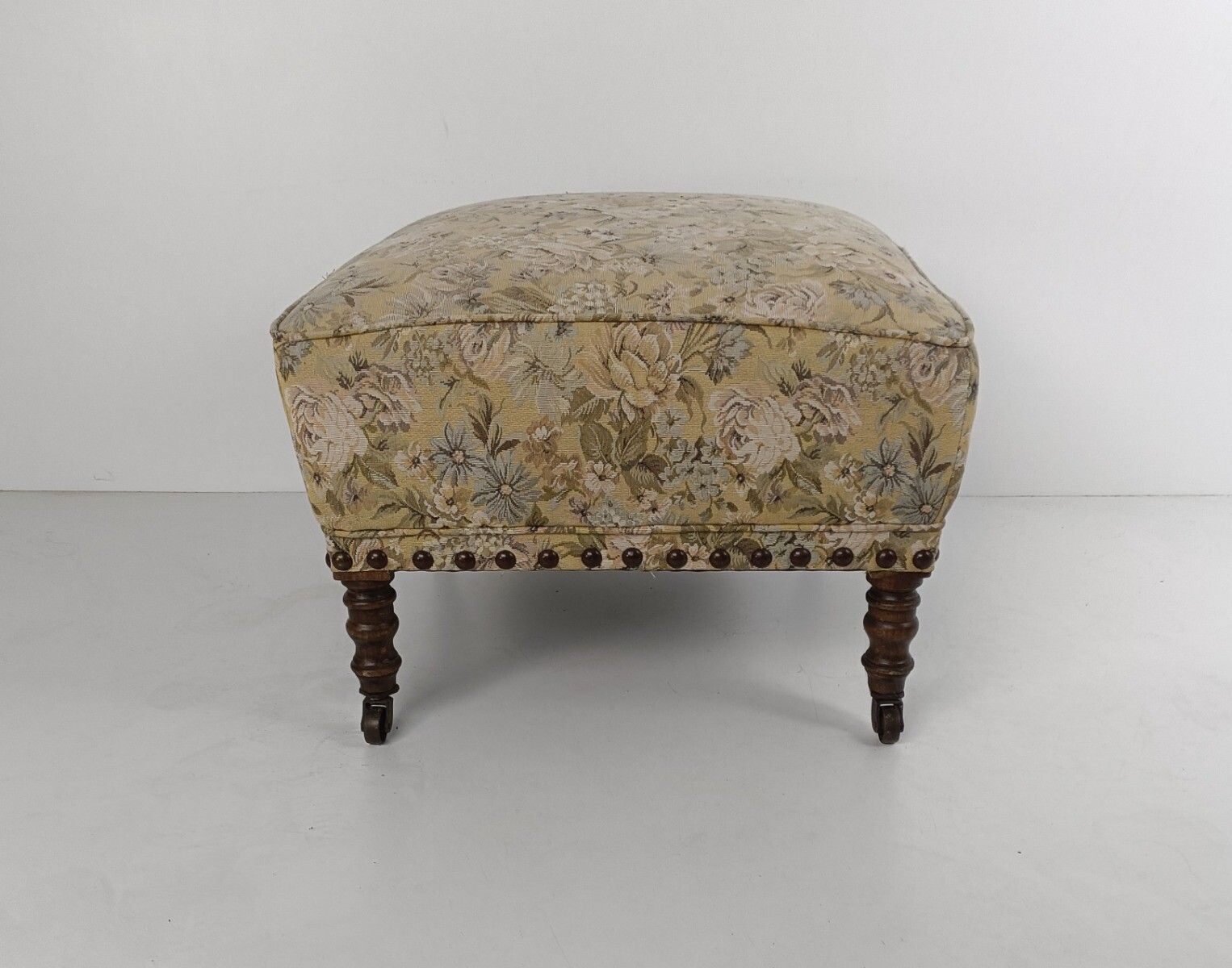 Large Antique Footstool Wood On Wheels Fabric Footrest Pouf Ottoman Hobnails photo vinterior