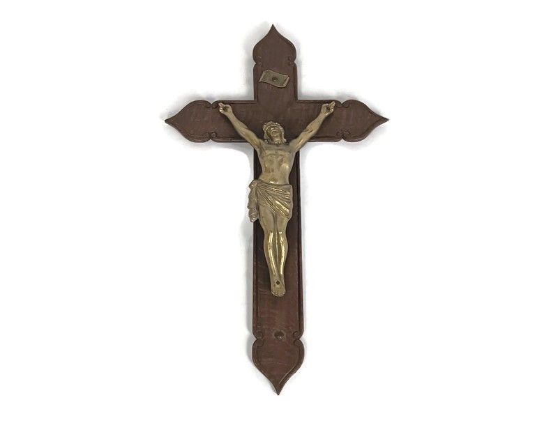 Large Hanging Crucifix Cross Carved Wood Spelter Corpus Vintage Christianity Jes