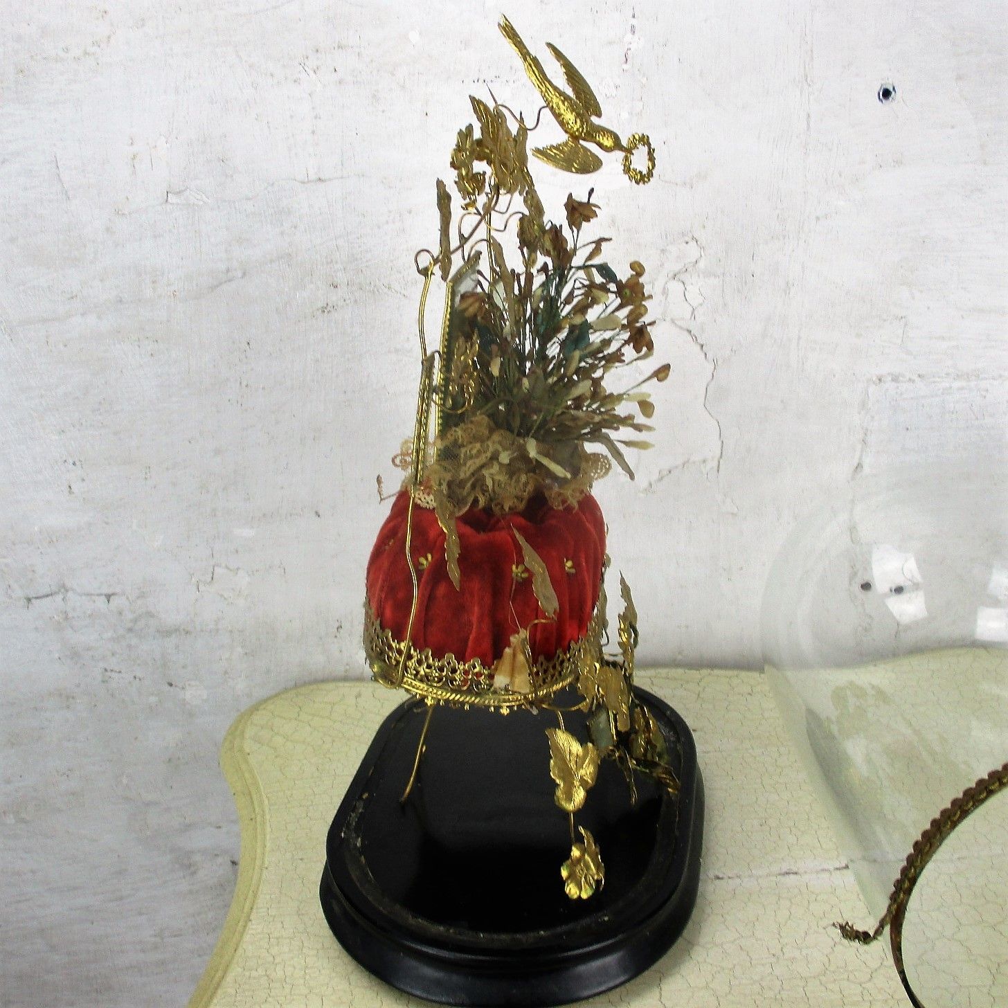 photo for sale Antique Victorian French Bridal Wedding Dome Gold Gilt Leaves Ormolu Birds 19thc
