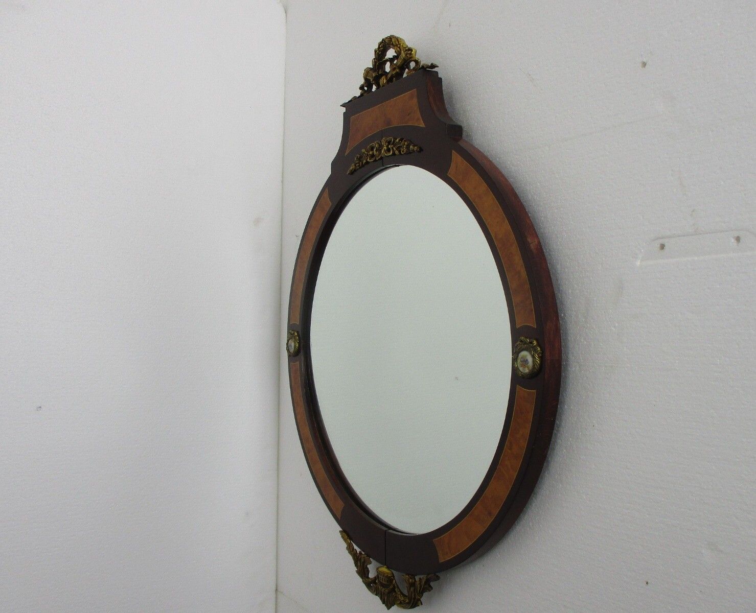 Large Ornate Oval Wall Hanging Mirror Medallion Marquetry Wood Beveled Glass Wow photo 445.0