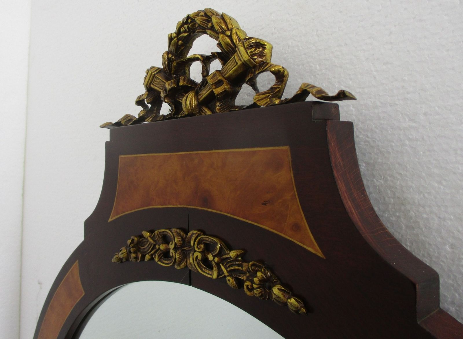 Large Ornate Oval Wall Hanging Mirror Medallion Marquetry Wood Beveled Glass Wow photo vinterior