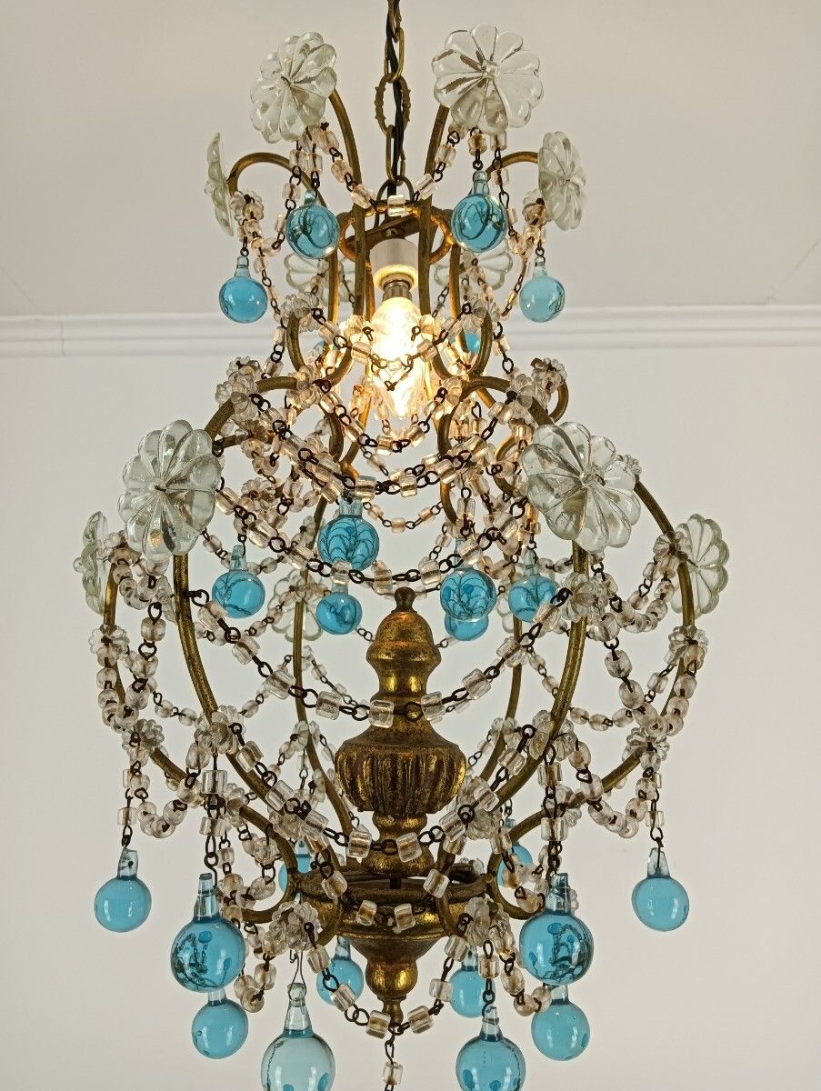 Vintage Florentine Wooden Italian Chandelier Crystal Azuro Clear Prisms 1 Light photo buy