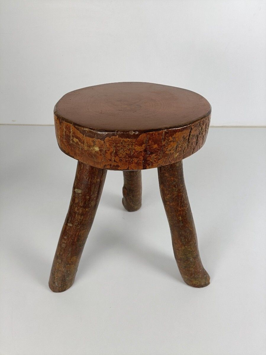 Antique Hand Carved Wood Milking Stool Pedestal Table Pedestal French Brutalist photo furniture