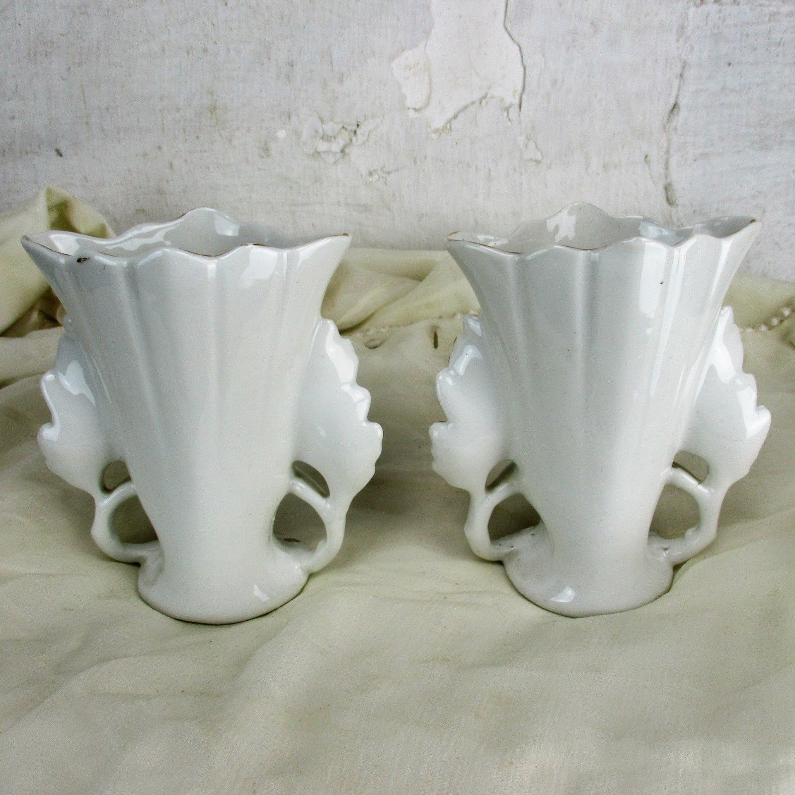 Lovely Couple Antique Limoges Guerin Porcelain Fan Flair Bridal Vases Beautiful photo Home Decor