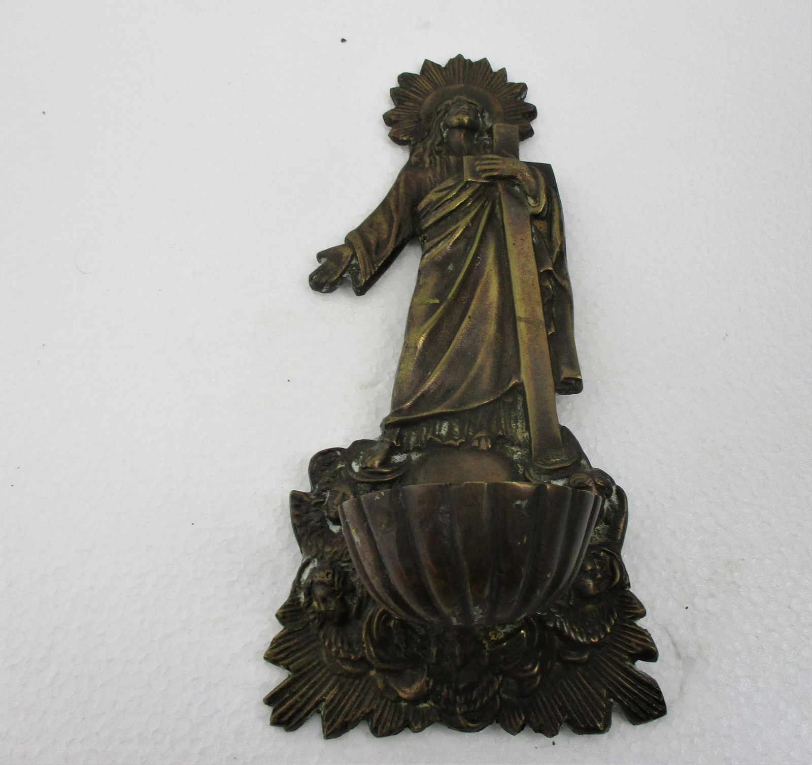 Bronze Embossed Holy Water Font Jesus Christ Crucifix Hanging Vessel With Lid Ex photo furniture