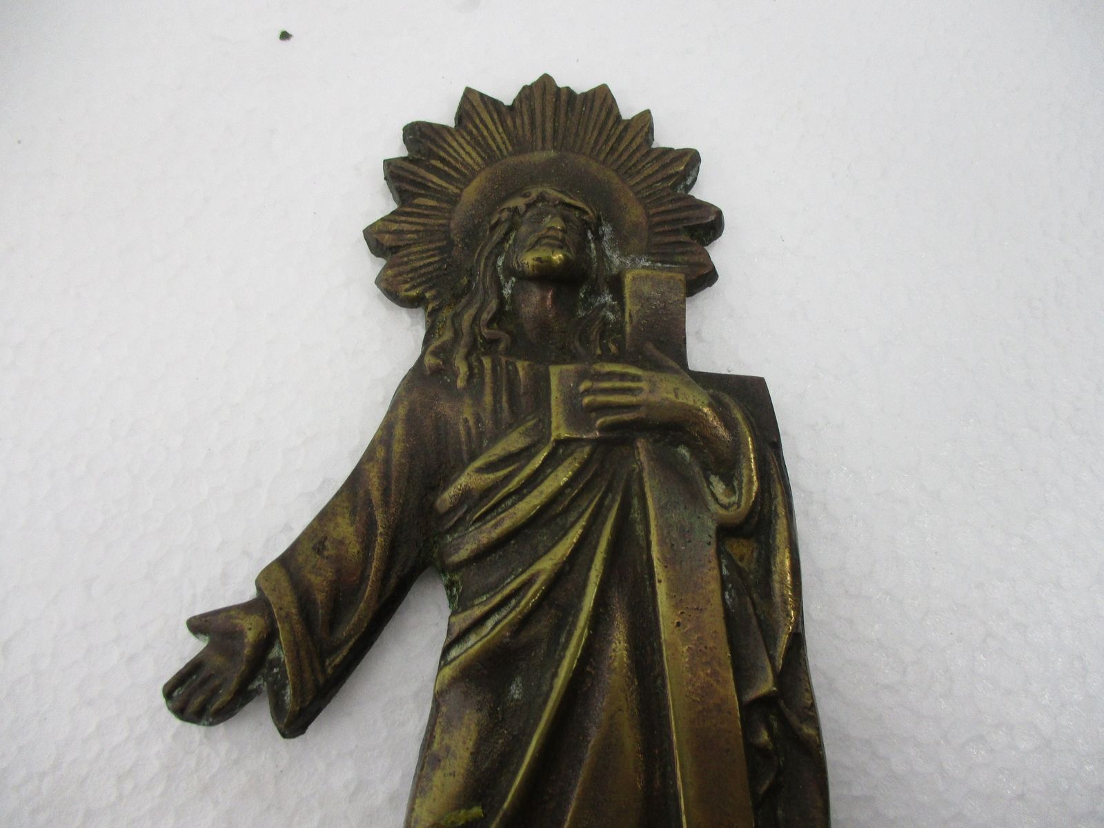 Bronze Embossed Holy Water Font Jesus Christ Crucifix Hanging Vessel With Lid Ex photo for sale
