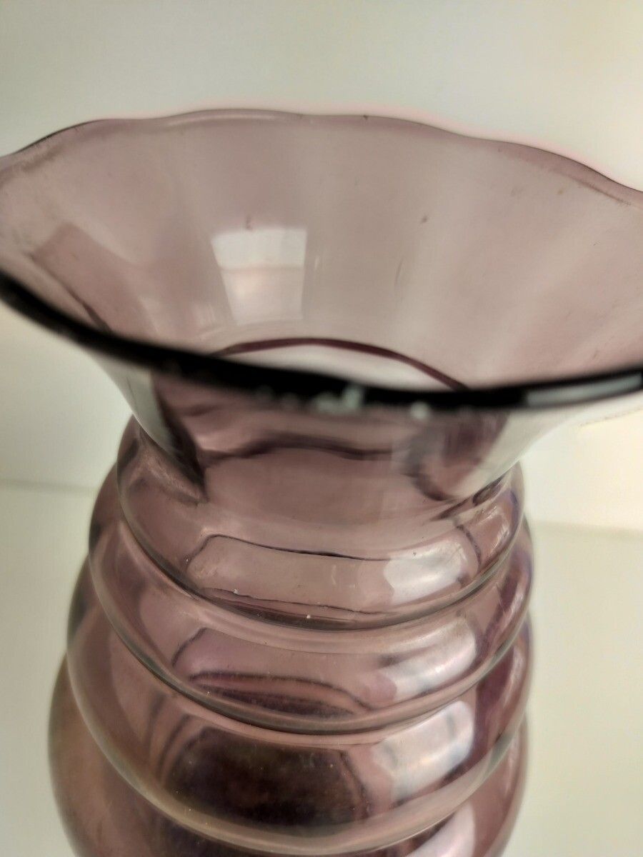 Art Deco Doyen Purple Amethyst Hooped Vase Lovely  Large Art Glass Antique photo for sale