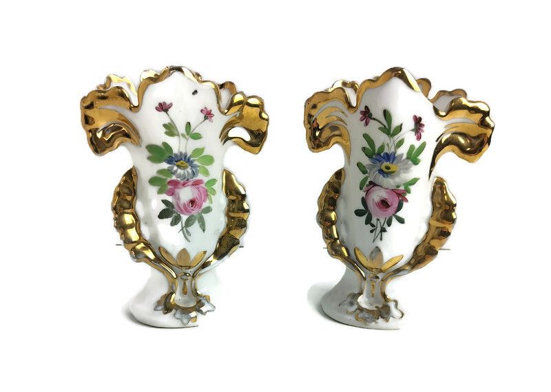 Small Lovely Couple Antique French  Porcelain Fan Flair Bridal Vases  Hand Paint
