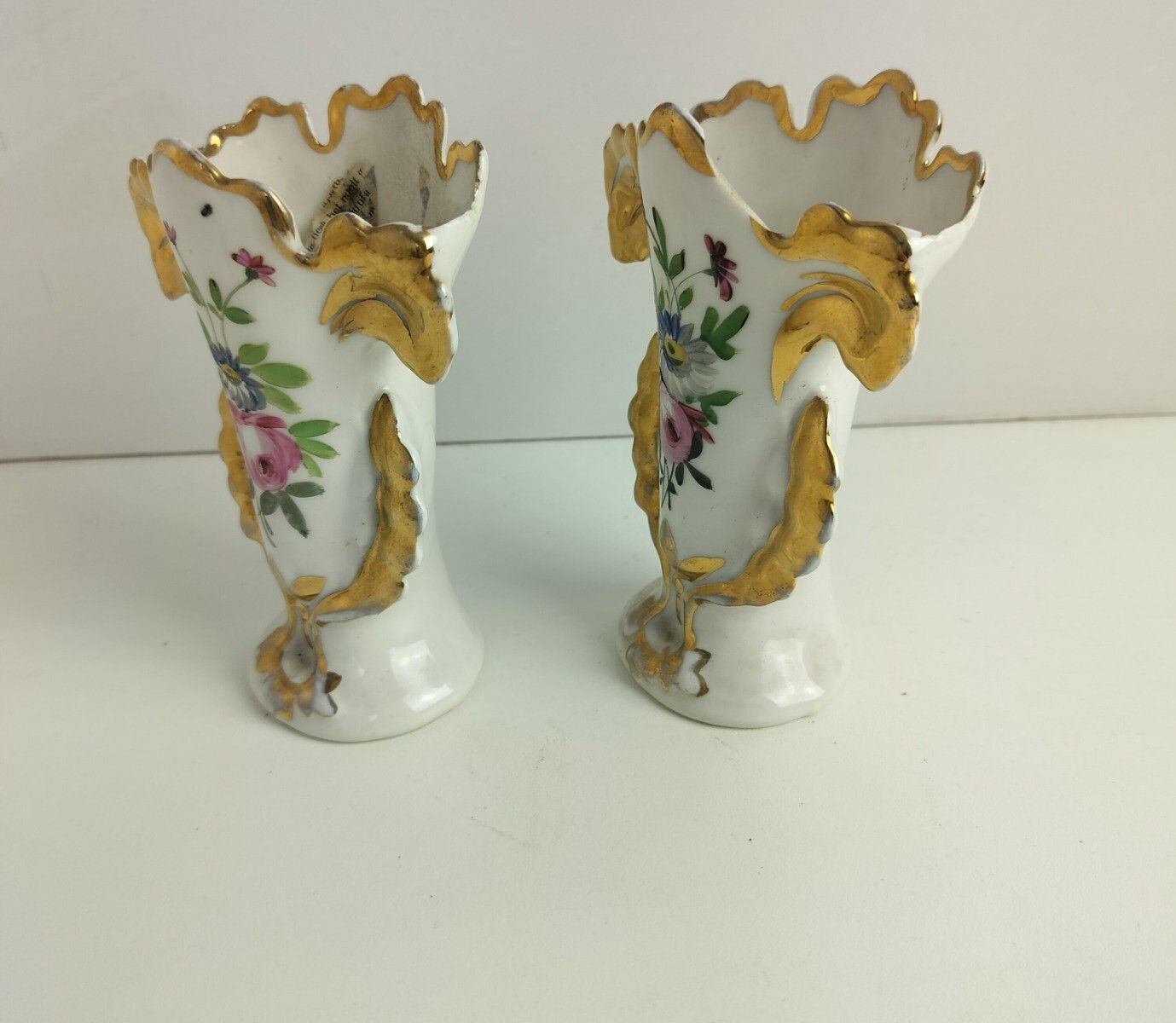 Small Lovely Couple Antique French  Porcelain Fan Flair Bridal Vases  Hand Paint photo 57.0