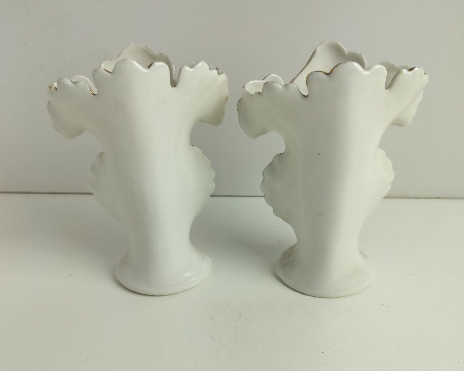 Small Lovely Couple Antique French  Porcelain Fan Flair Bridal Vases  Hand Paint photo buy