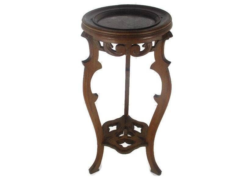 Hand Carved Wood Marble Top 2 Tier Plant Flower Bonsai Stand Side Table Pedestal